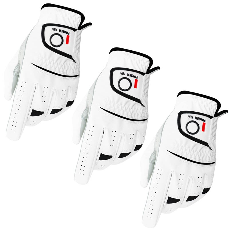 FINGER TEN Golf Gloves Men Right Left Handed Golfer Menâ€™s Golf Glove Lh Rh Hand Value 3 Pack, All Weather Leather Grip Small Medium ML Large XL Size (3 Pack, Medium, Left) - Image 1